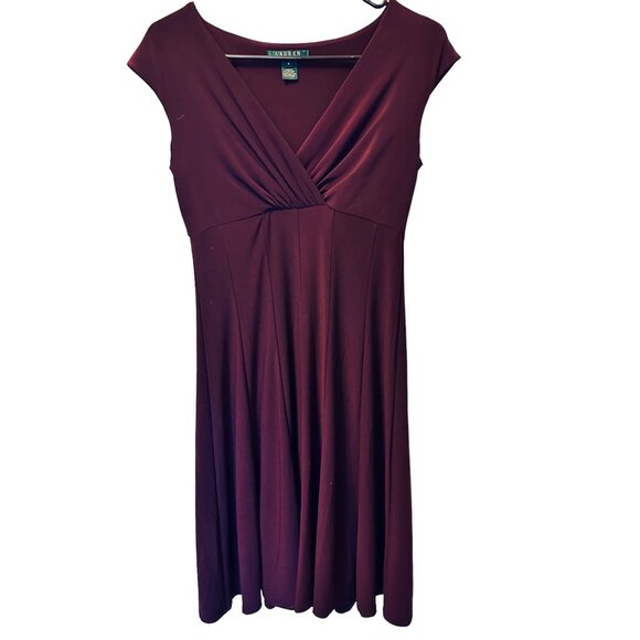 ✌️ 2/$40 ✌️ Cap Sleeve Deep Purple Ralph Lauren Mid Length V-Neck Dress sz 4 - Picture 1 of 6